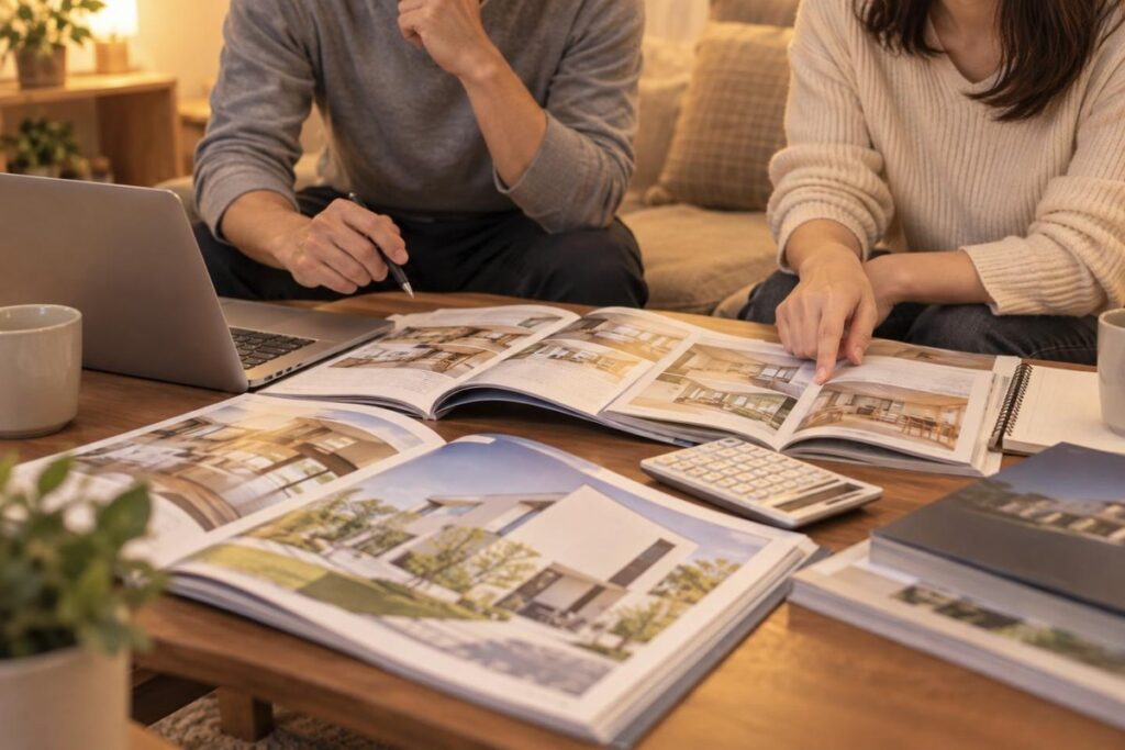 自宅のリビングで住宅カタログと電卓を並べて比べる夫婦