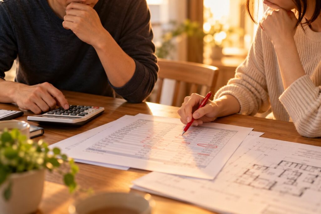 住宅の見積書に赤ペンで印をつけながら話し合う夫婦
