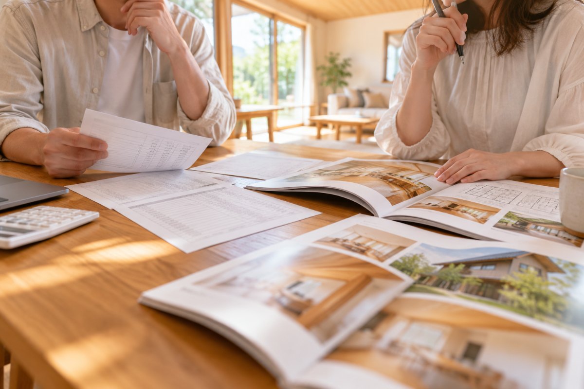 木のリビングで住宅カタログと見積書を見比べる夫婦