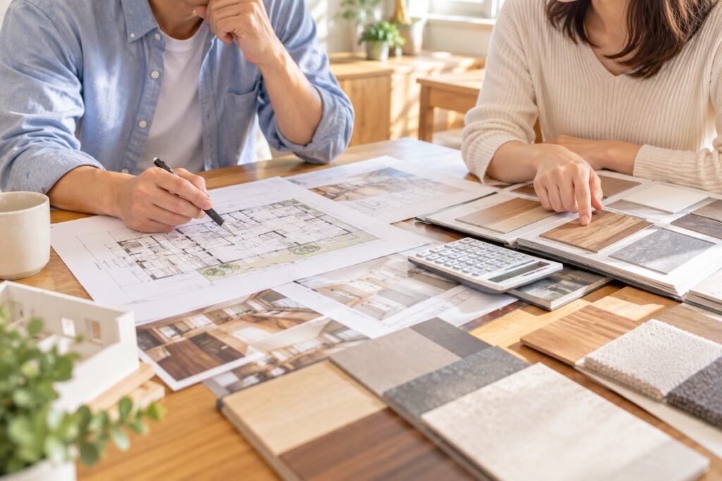 タマホームの図面と建材サンプルを前に契約を検討する夫婦